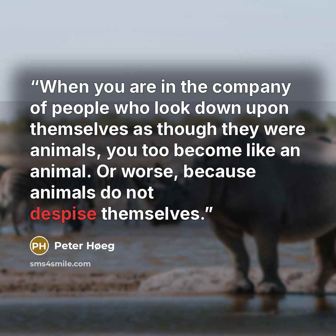 “When you are in the company of people who look down upon themselves as though they were animals, you too become like an animal. Or worse, because animals do not despise themselves.” quote by Peter Høeg