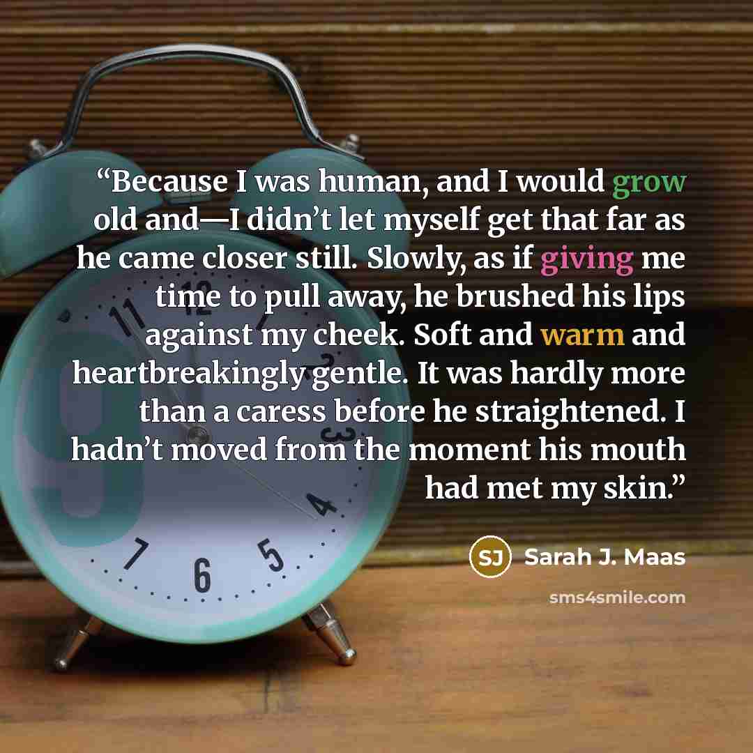 “Because I was human, and I would grow old and—I didn’t let myself get that far as he came closer still. Slowly, as if giving me time to pull away, he brushed his lips against my cheek. Soft and warm and heartbreakingly gentle. It was hardly more than a caress before he straightened. I hadn’t moved…” quote by Sarah J. Maas