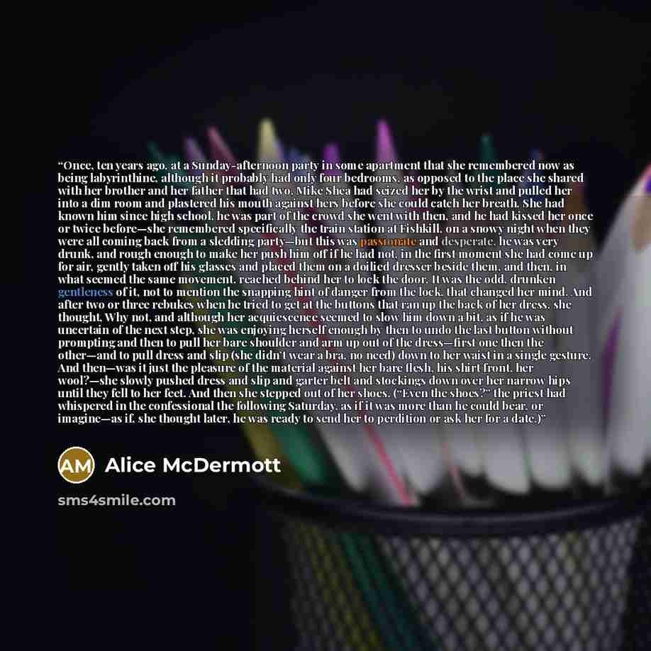 “Once, ten years ago, at a Sunday-afternoon party in some apartment that she remembered now as being labyrinthine, although it probably had only four bedrooms, as opposed to the place she shared with her brother and her father that had two, Mike Shea had seized her by the wrist and pulled her into…” quote by Alice McDermott