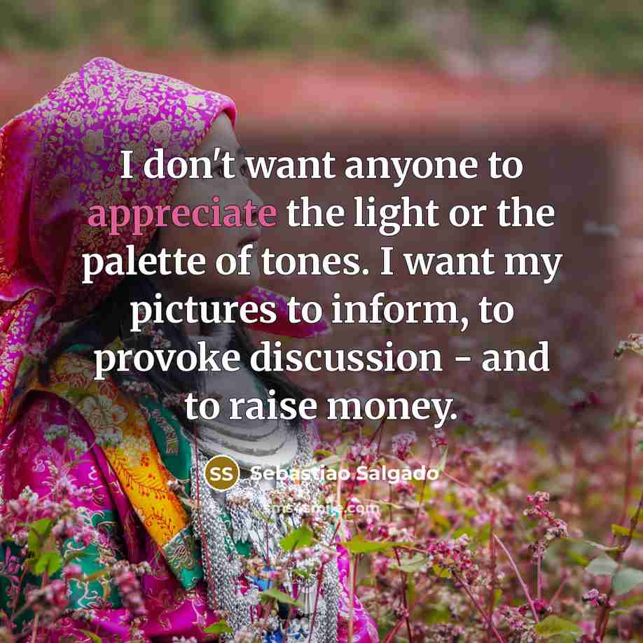 “I don't want anyone to appreciate the light or the…” quote by Sebastiao Salgado