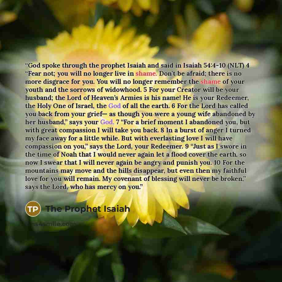 “God spoke through the prophet Isaiah and said in Isaiah 54:4-10 (NLT) 4 “Fear not; you will no longer live in shame. Don’t be afraid; there is no more disgrace for you. You will no longer remember the shame of your youth and the sorrows of widowhood. 5 For your Creator will be your husband; the…” quote by The Prophet Isaiah