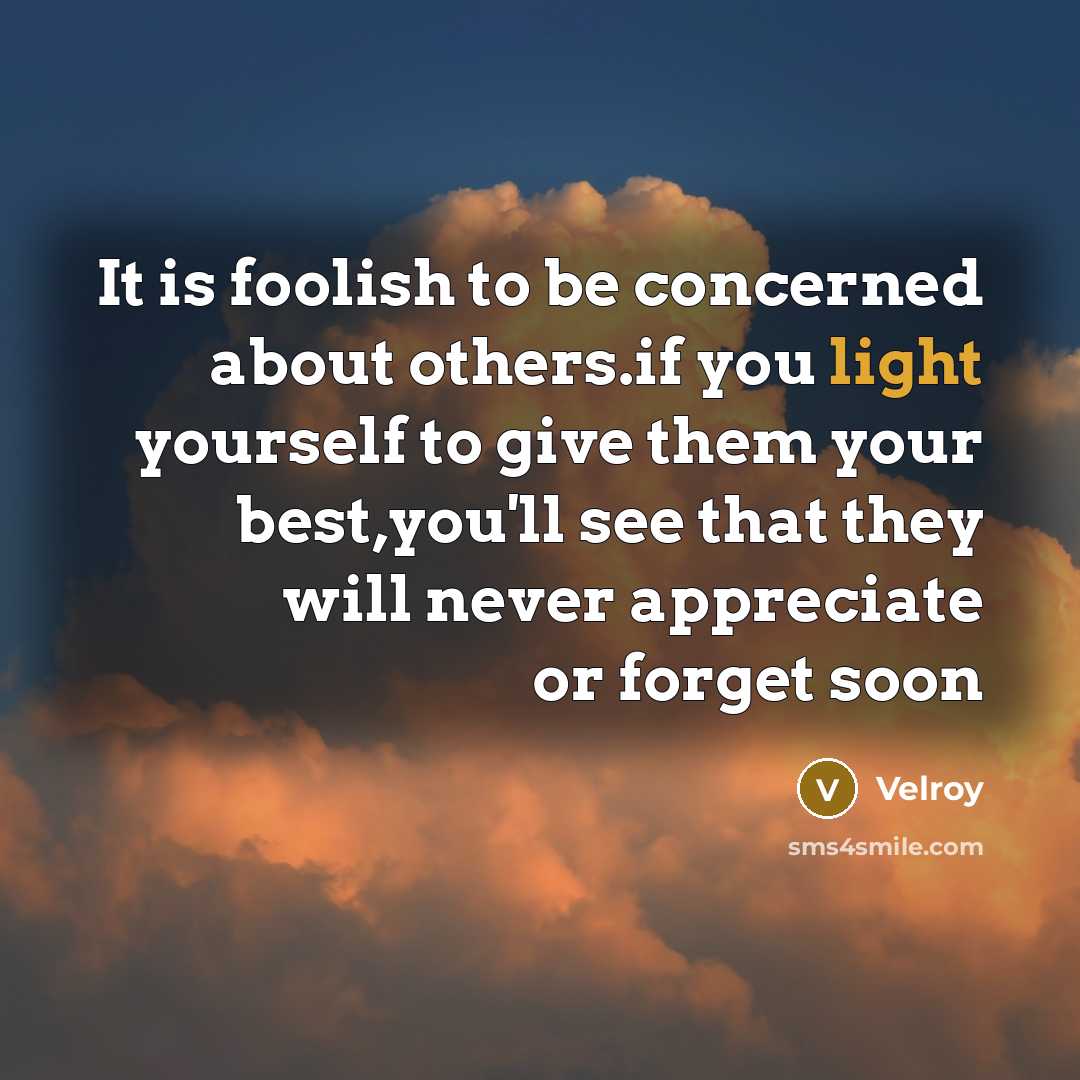 “It is foolish to be concerned about others.if you light yourself to give them your best,you'll see that they will never appreciate or forget soon” quote by Velroy