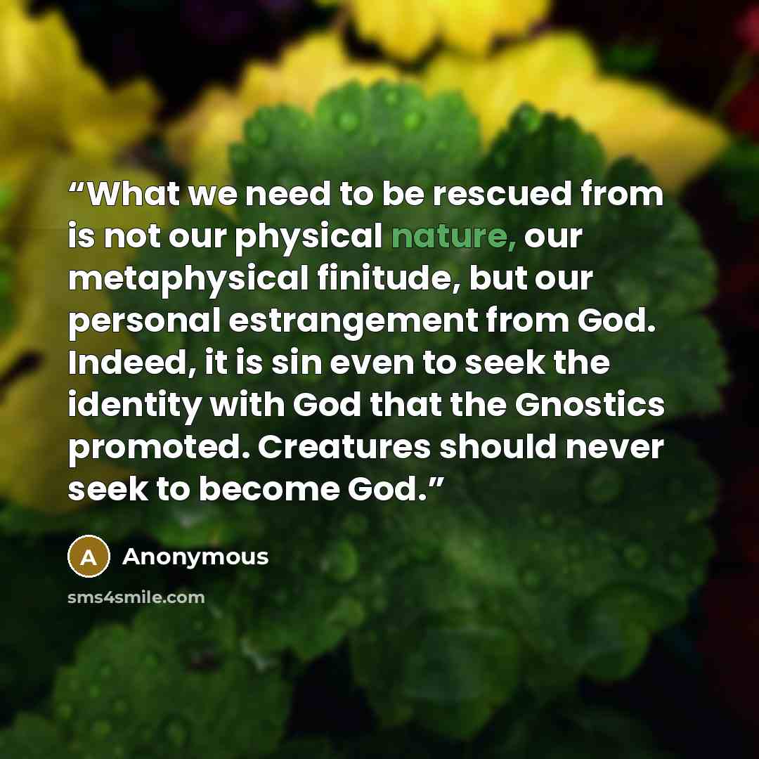 “What we need to be rescued from is not our physical nature, our metaphysical finitude, but our personal estrangement from God. Indeed, it is sin even to seek the identity with God that the Gnostics promoted. Creatures should never seek to become God.” quote by Anonymous