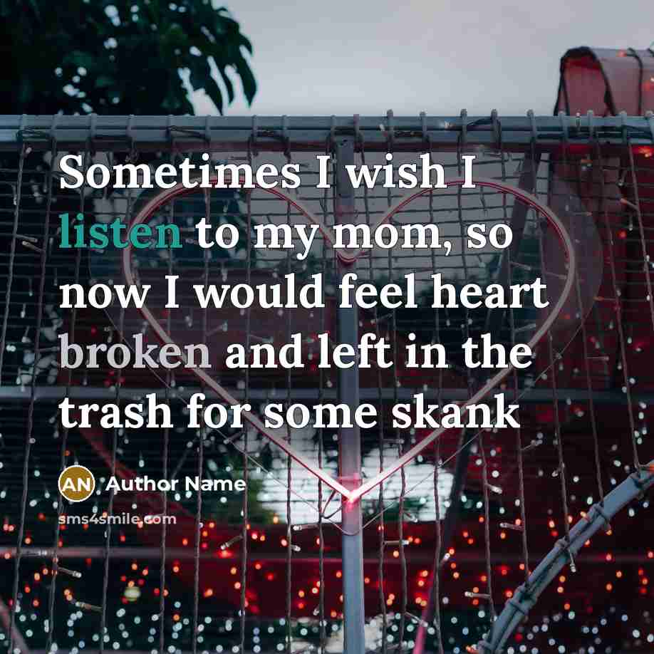“Sometimes I wish I listen to my mom, so now I would feel heart broken and left in the trash for some skank” quote by Author Name