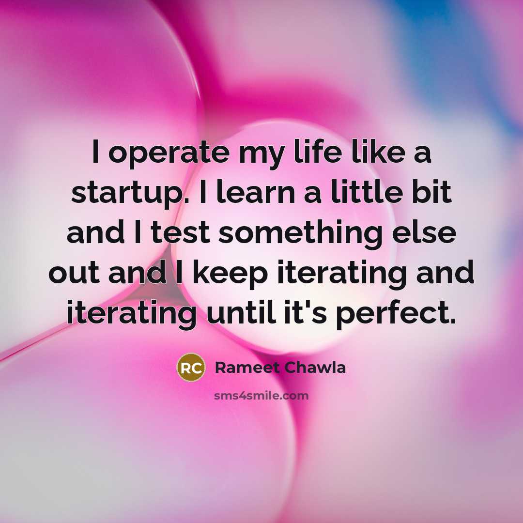 “I operate my life like a startup. I learn a little bit and I test something else out and I keep iterating and iterating until it's perfect.” quote by Rameet Chawla