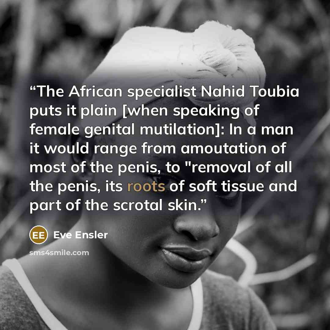 “The African specialist Nahid Toubia puts it plain [when speaking of female genital mutilation]: In a man it would range from amoutation of most of the penis, to "removal of all the penis, its roots of soft tissue and part of the scrotal skin.” quote by Eve Ensler