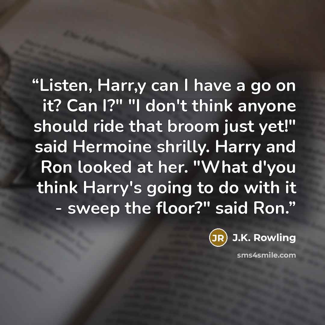 “Listen, Harr,y can I have a go on it? Can I?" "I don't think anyone should ride that broom just yet!" said Hermoine shrilly. Harry and Ron looked at her. "What d'you think Harry's going to do with it - sweep the floor?" said Ron.” quote by J.K. Rowling