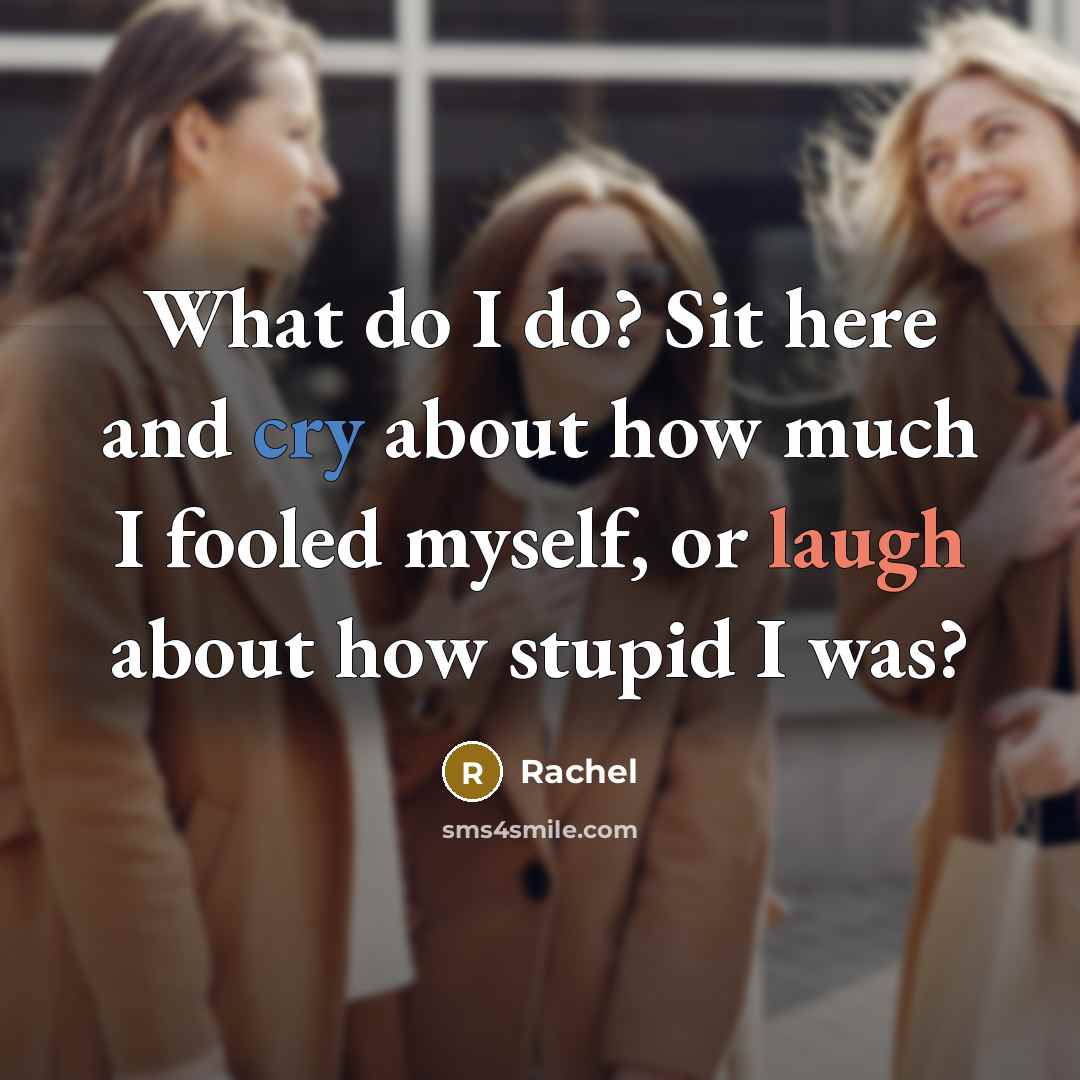 “What do I do? Sit here and cry about how much I fooled myself, or laugh about how stupid I was?” quote by Rachel