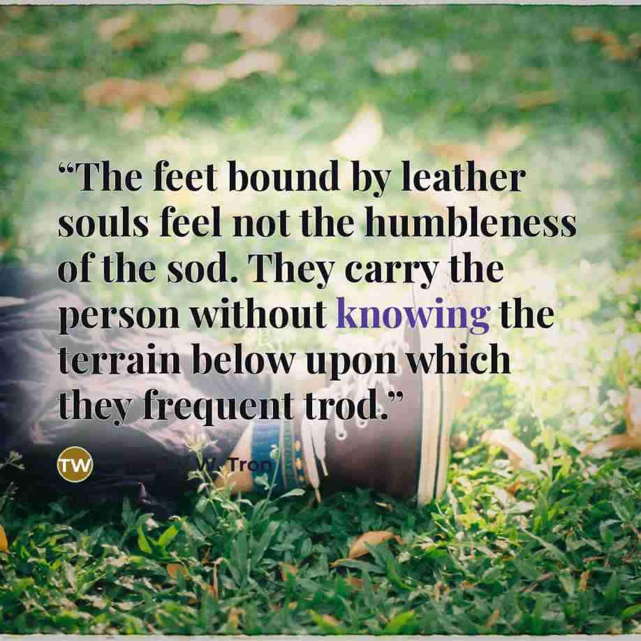 “The feet bound by leather souls feel not the humbleness of the sod. They carry the person without knowing the terrain below upon which they frequent trod.” quote by Timothy W. Tron
