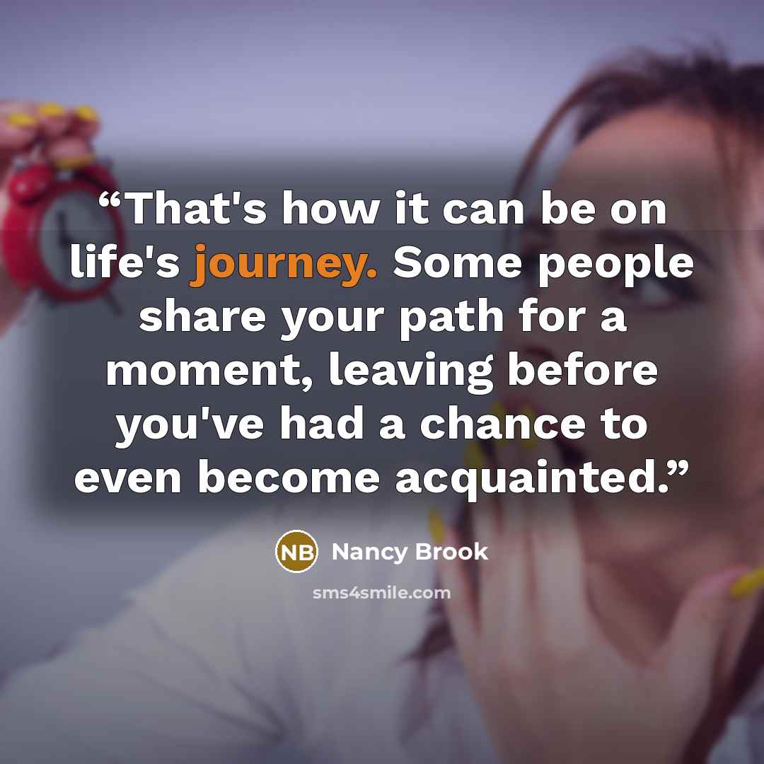 “That's how it can be on life's journey. Some people share your path for a moment, leaving before you've had a chance to even become acquainted.” quote by Nancy Brook