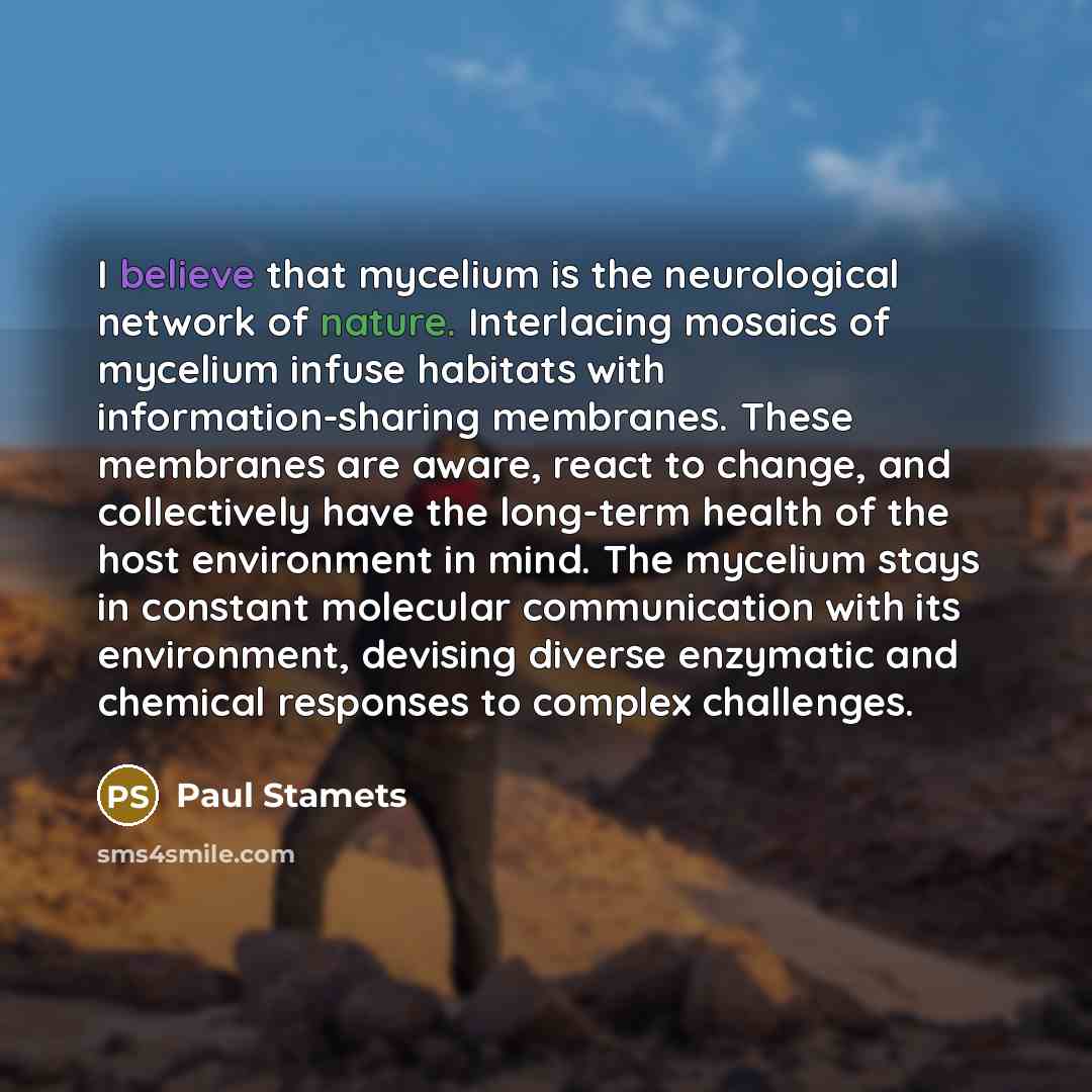 “I believe that mycelium is the neurological network of nature.…” quote by Paul Stamets
