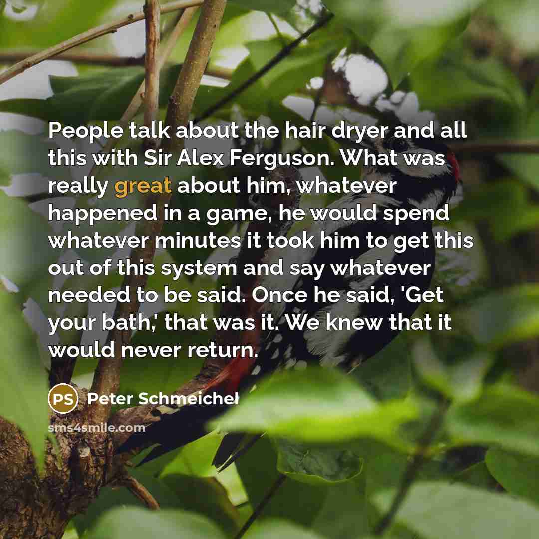 “People talk about the hair dryer and all this with Sir Alex Ferguson. What was really great about him, whatever happened in a game, he would spend whatever minutes it took him to get this out of this system and say whatever needed to be said. Once he said, 'Get your bath,' that was it. We knew…” quote by Peter Schmeichel