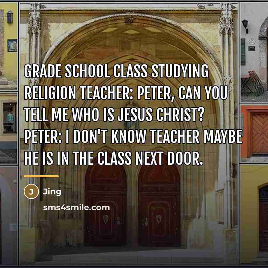 “Grade School Class studying Religion Teacher: Peter, can you tell…” quote by Jing