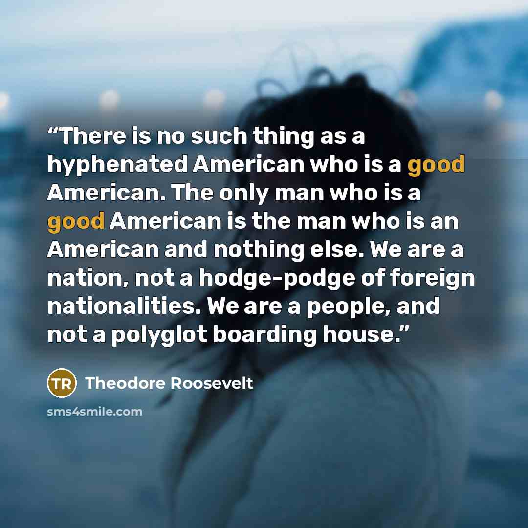 “There is no such thing as a hyphenated American who is a good American. The only man who is a good American is the man who is an American and nothing else. We are a nation, not a hodge-podge of foreign nationalities. We are a people, and not a polyglot boarding house.” quote by Theodore Roosevelt