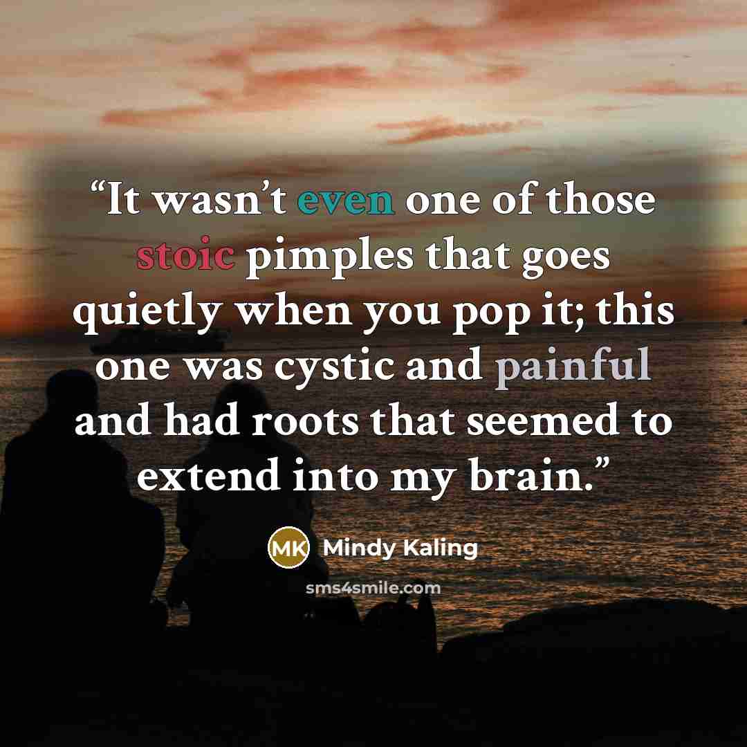 “It wasn’t even one of those stoic pimples that goes quietly when you pop it; this one was cystic and painful and had roots that seemed to extend into my brain.” quote by Mindy Kaling