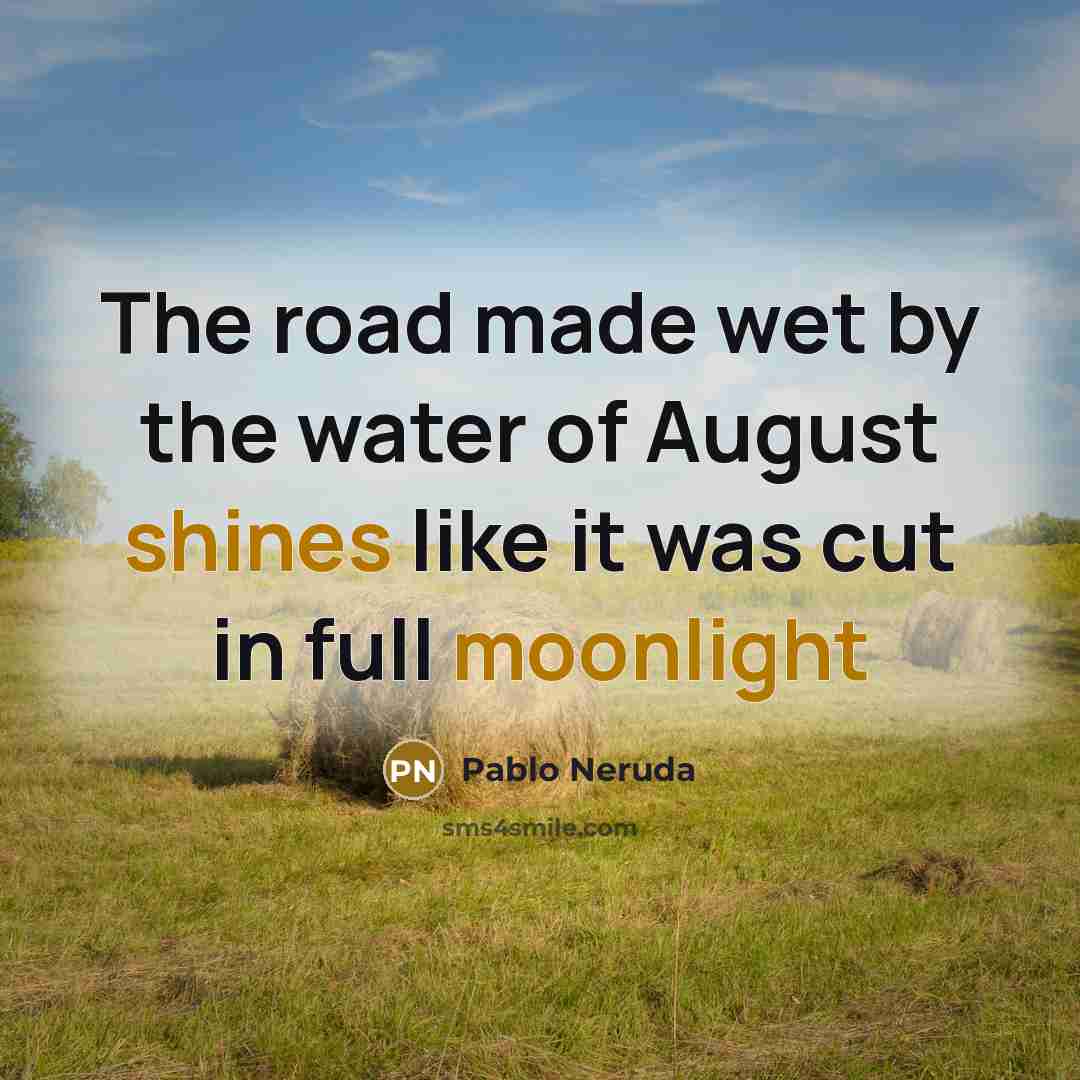 “The road made wet by the water of August shines…” quote by Pablo Neruda
