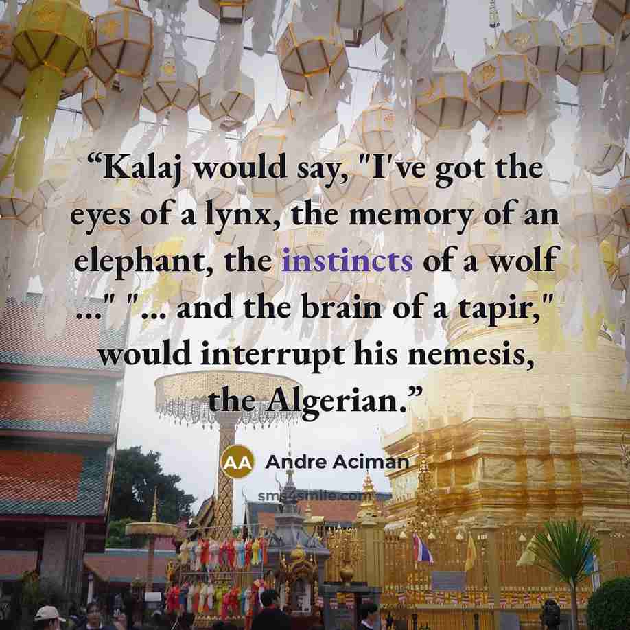 “Kalaj would say, "I've got the eyes of a lynx, the memory of an elephant, the instincts of a wolf ..." "... and the brain of a tapir," would interrupt his nemesis, the Algerian.” quote by Andre Aciman