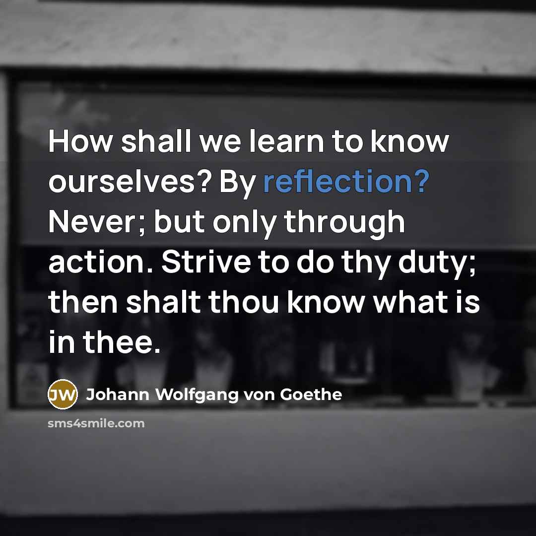 “How shall we learn to know ourselves? By reflection? Never;…” quote by Johann Wolfgang Von Goethe