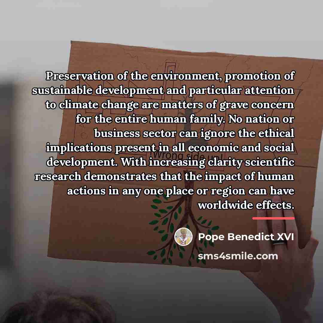 “Preservation of the environment, promotion of sustainable development and particular…” quote by Pope Benedict XVI