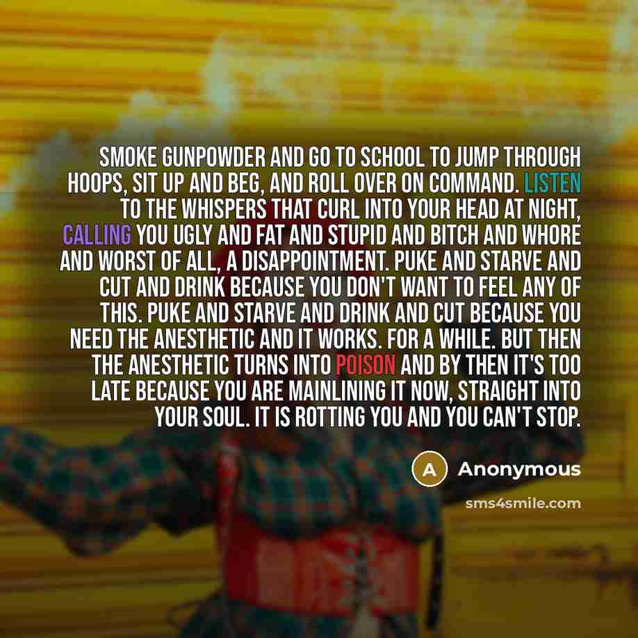 “Smoke gunpowder and go to school to jump through hoops, sit up and beg, and roll over on command. Listen to the whispers that curl into your head at night, calling you ugly and fat and stupid and bitch and whore and worst of all, a disappointment. Puke and starve and cut and drink because you…” quote by Anonymous
