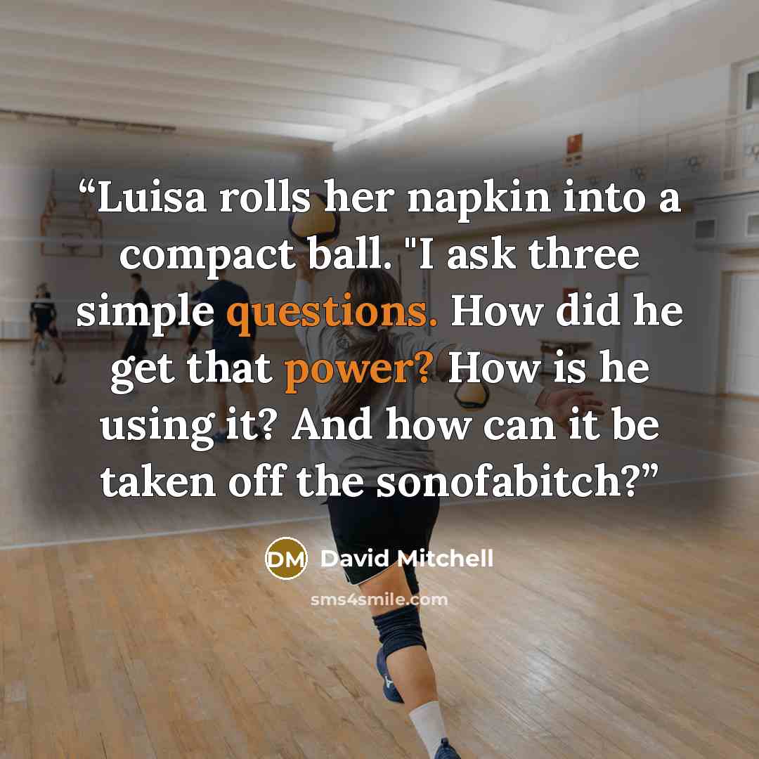 “Luisa rolls her napkin into a compact ball. "I ask three simple questions. How did he get that power? How is he using it? And how can it be taken off the sonofabitch?” quote by David Mitchell