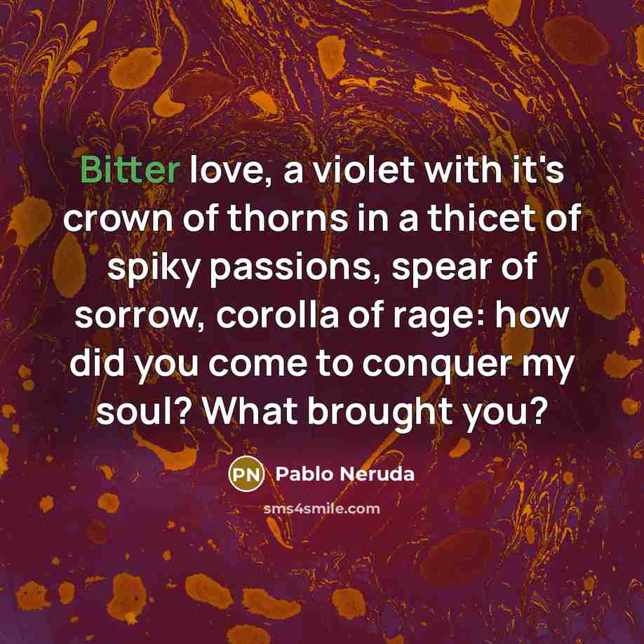 “Bitter love, a violet with it's crown of thorns in…” quote by Pablo Neruda