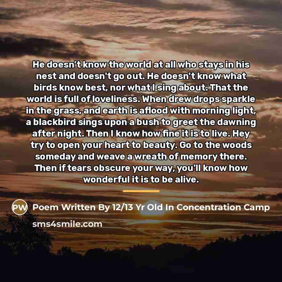 “He doesn't know the world at all who stays in…” quote by Poem Written By 12/13 Yr Old In Concentration Camp