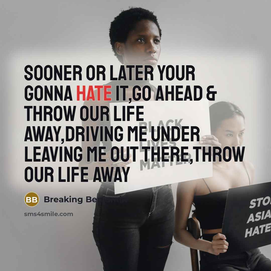 “Sooner or later your gonna hate it,go ahead & throw our life away,driving me under leaving me out there,throw our life away” quote by Breaking Benjamin