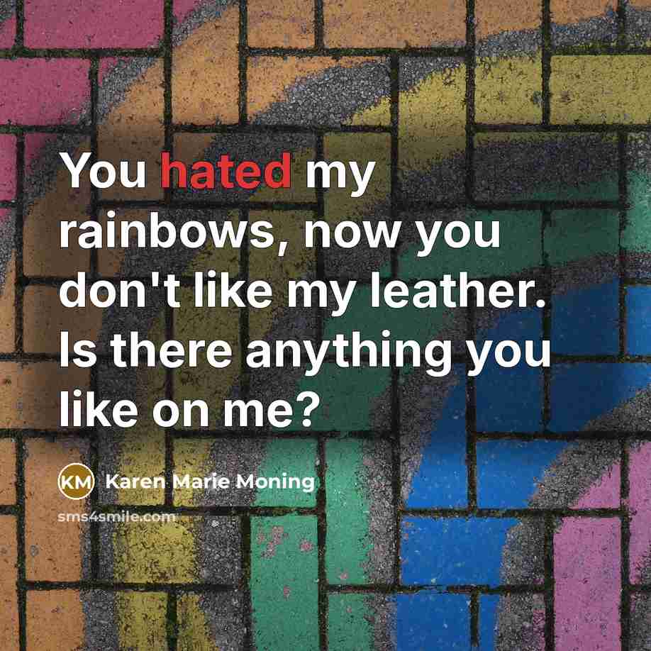 “You hated my rainbows, now you don't like my leather.…” quote by Karen Marie Moning
