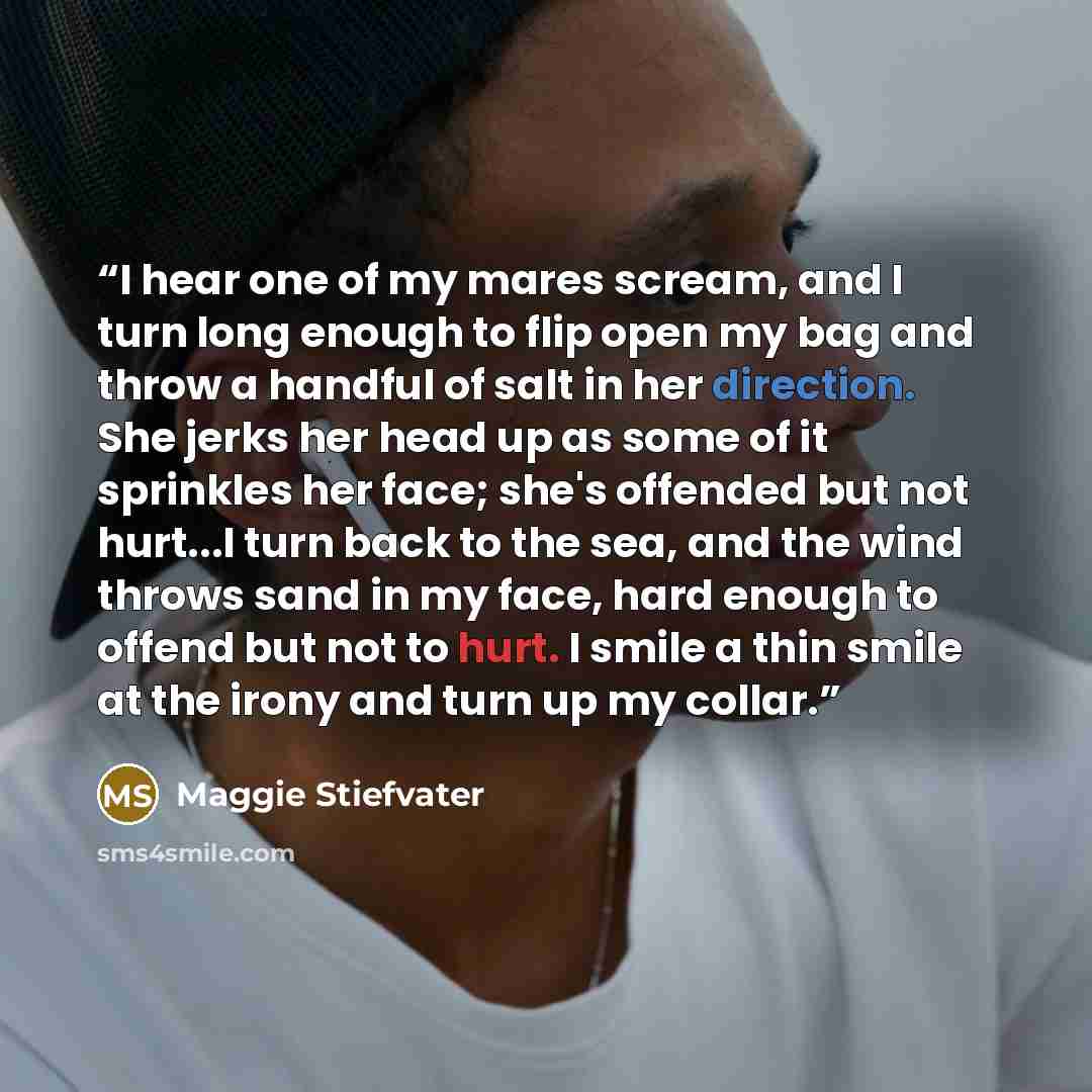 “I hear one of my mares scream, and I turn long enough to flip open my bag and throw a handful of salt in her direction. She jerks her head up as some of it sprinkles her face; she's offended but not hurt...I turn back to the sea, and the wind throws sand in my face, hard enough to offend but not…” quote by Maggie Stiefvater