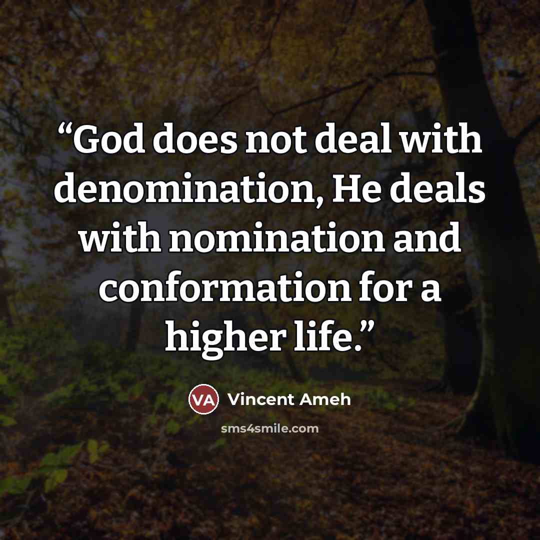“God does not deal with denomination, He deals with nomination and conformation for a higher life.” quote by Vincent Ameh