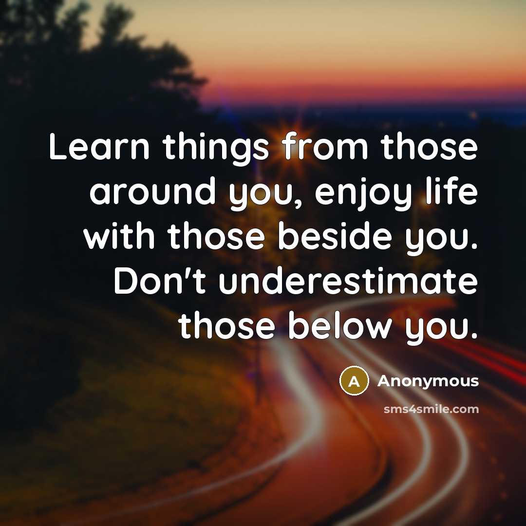 “Learn things from those around you, enjoy life with those beside you. Don't underestimate those below you.” quote by Anonymous