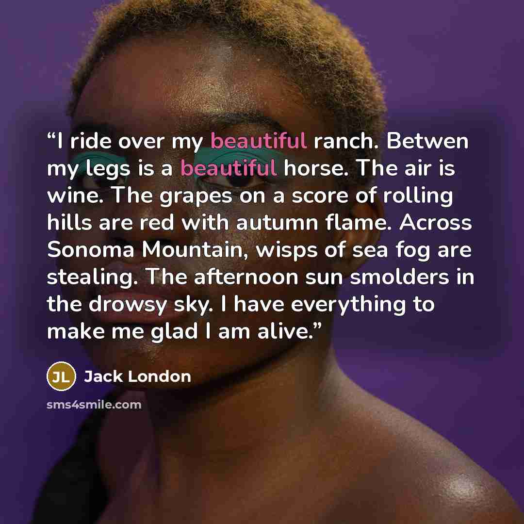 “I ride over my beautiful ranch. Betwen my legs is a beautiful horse. The air is wine. The grapes on a score of rolling hills are red with autumn flame. Across Sonoma Mountain, wisps of sea fog are stealing. The afternoon sun smolders in the drowsy sky. I have everything to make me glad I am alive.” quote by Jack London
