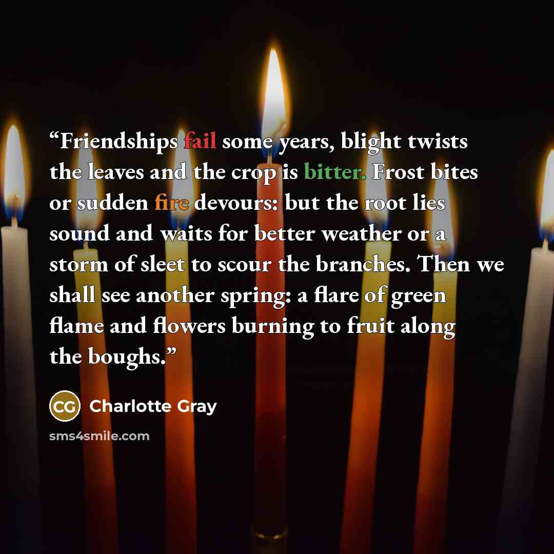 “Friendships fail some years, blight twists the leaves and the crop is bitter. Frost bites or sudden fire devours: but the root lies sound and waits for better weather or a storm of sleet to scour the branches. Then we shall see another spring: a flare of green flame and flowers burning to fruit…” quote by Charlotte Gray