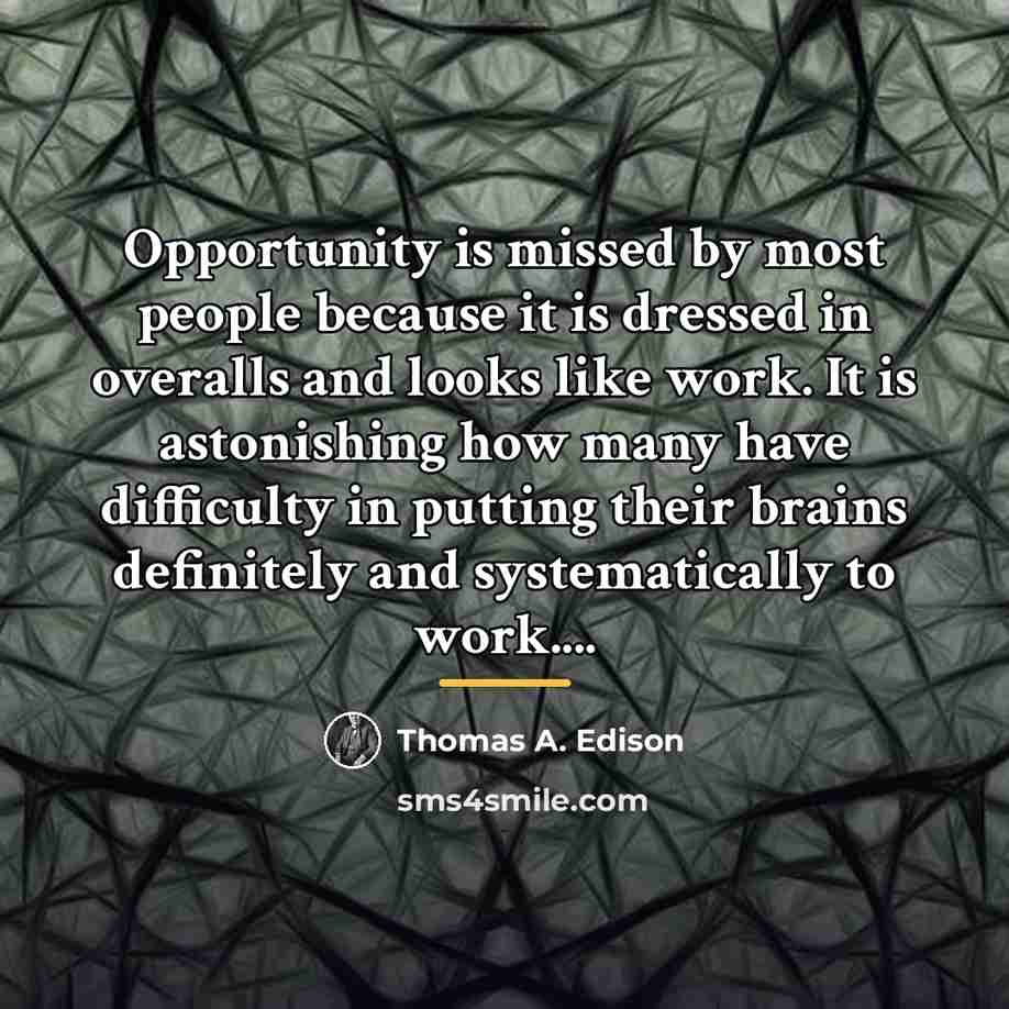 “Opportunity is missed by most people because it is dressed…” quote by Thomas A. Edison