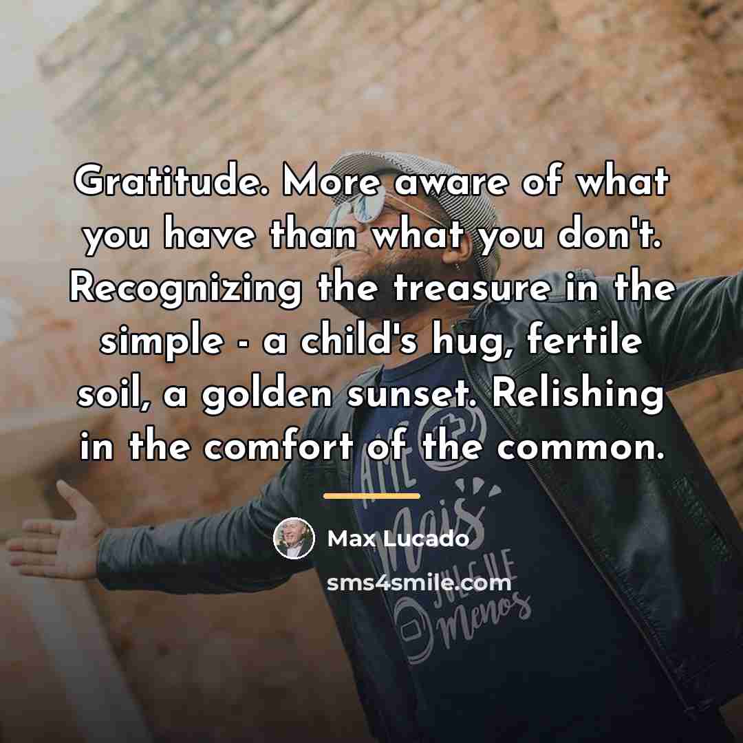 “Gratitude. More aware of what you have than what you…” quote by Max Lucado