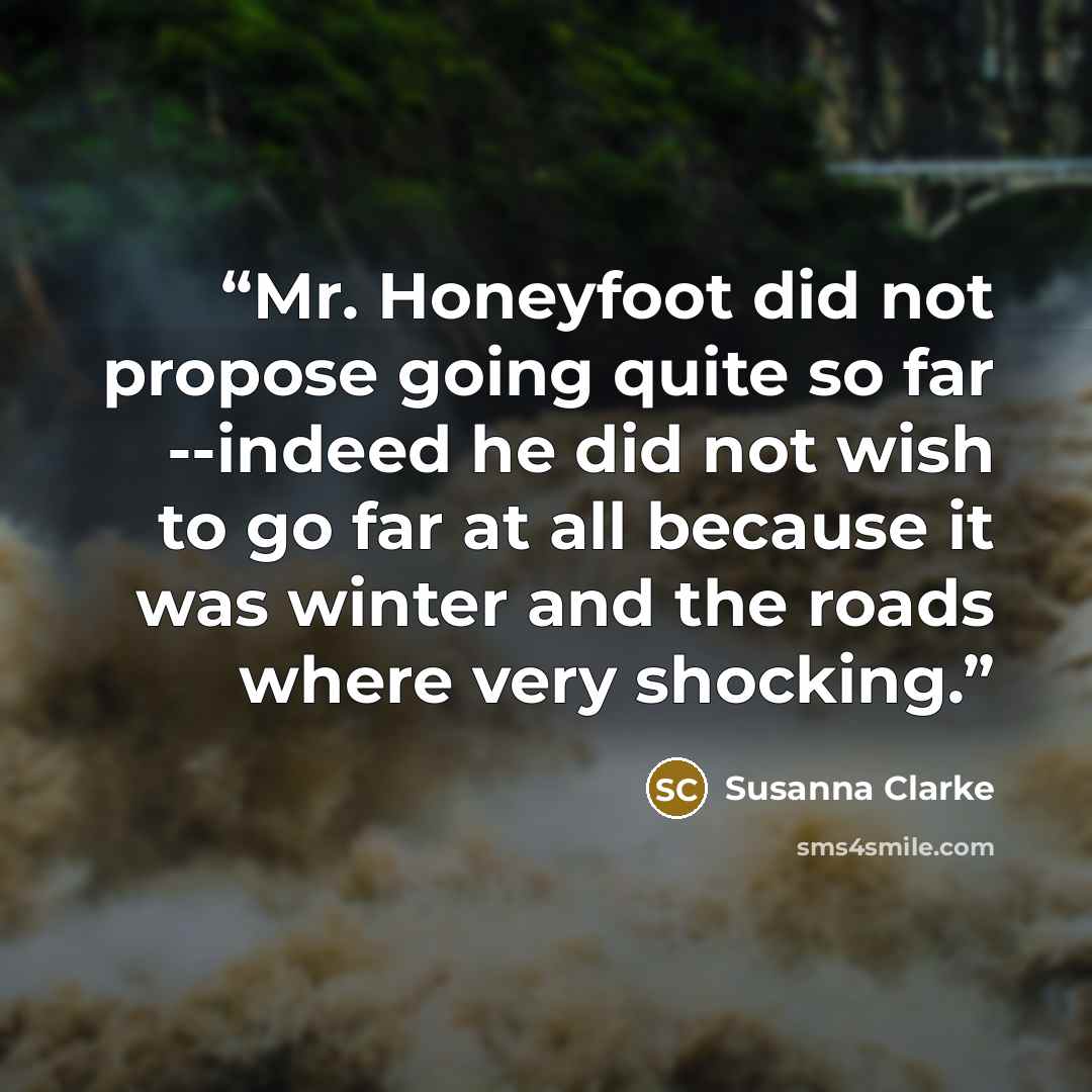 “Mr. Honeyfoot did not propose going quite so far --indeed he did not wish to go far at all because it was winter and the roads where very shocking.” quote by Susanna Clarke