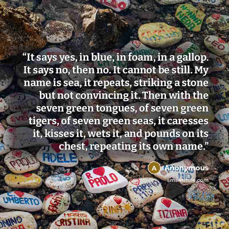 “It says yes, in blue, in foam, in a gallop. It says no, then no. It cannot be still. My name is sea, it repeats, striking a stone but not convincing it. Then with the seven green tongues, of seven green tigers, of seven green seas, it caresses it, kisses it, wets it, and pounds on its chest…” quote by Anonymous