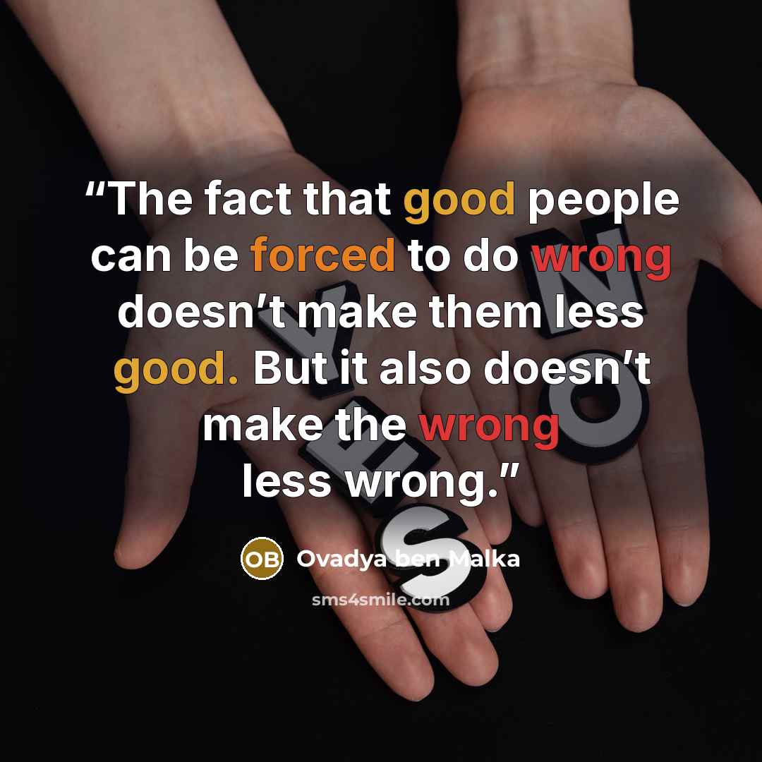 “The fact that good people can be forced to do wrong doesn’t make them less good. But it also doesn’t make the wrong less wrong.” quote by Ovadya ben Malka