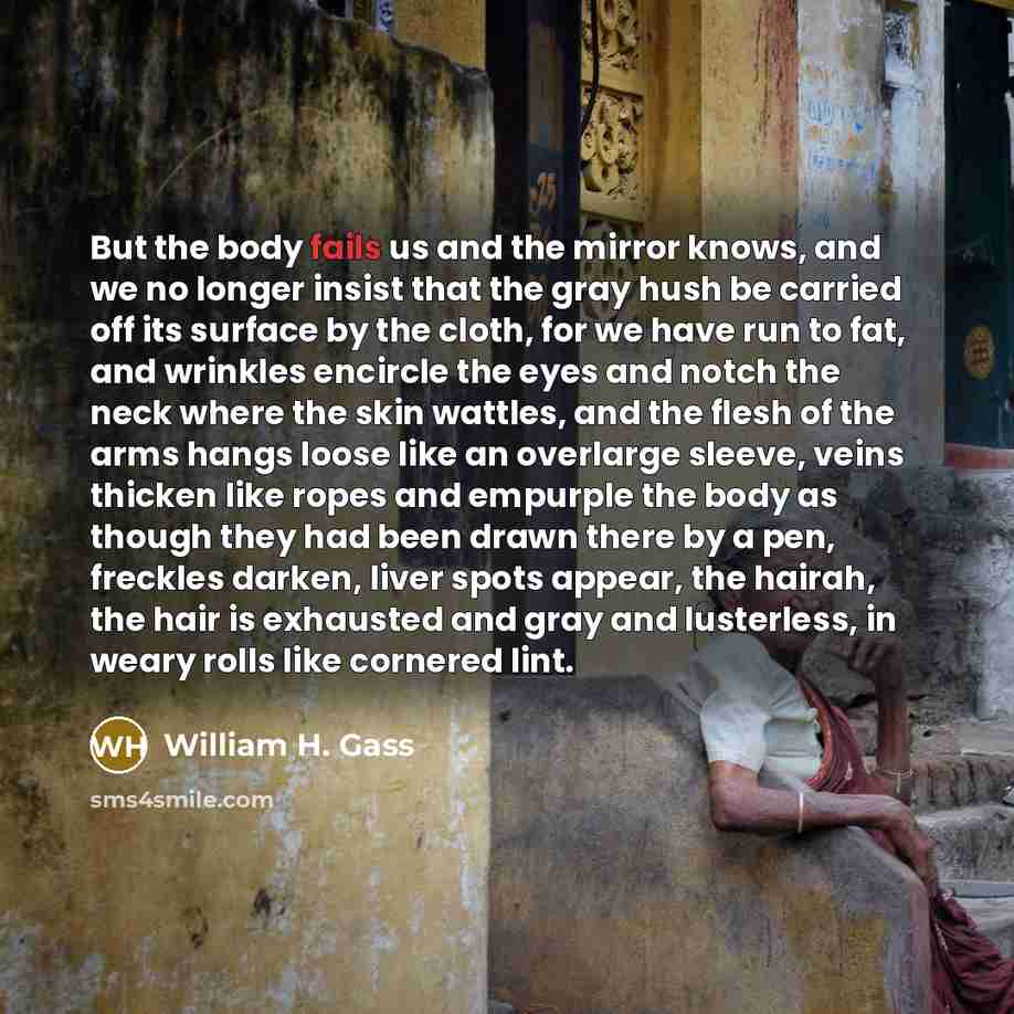 “But the body fails us and the mirror knows, and…” quote by William H. Gass