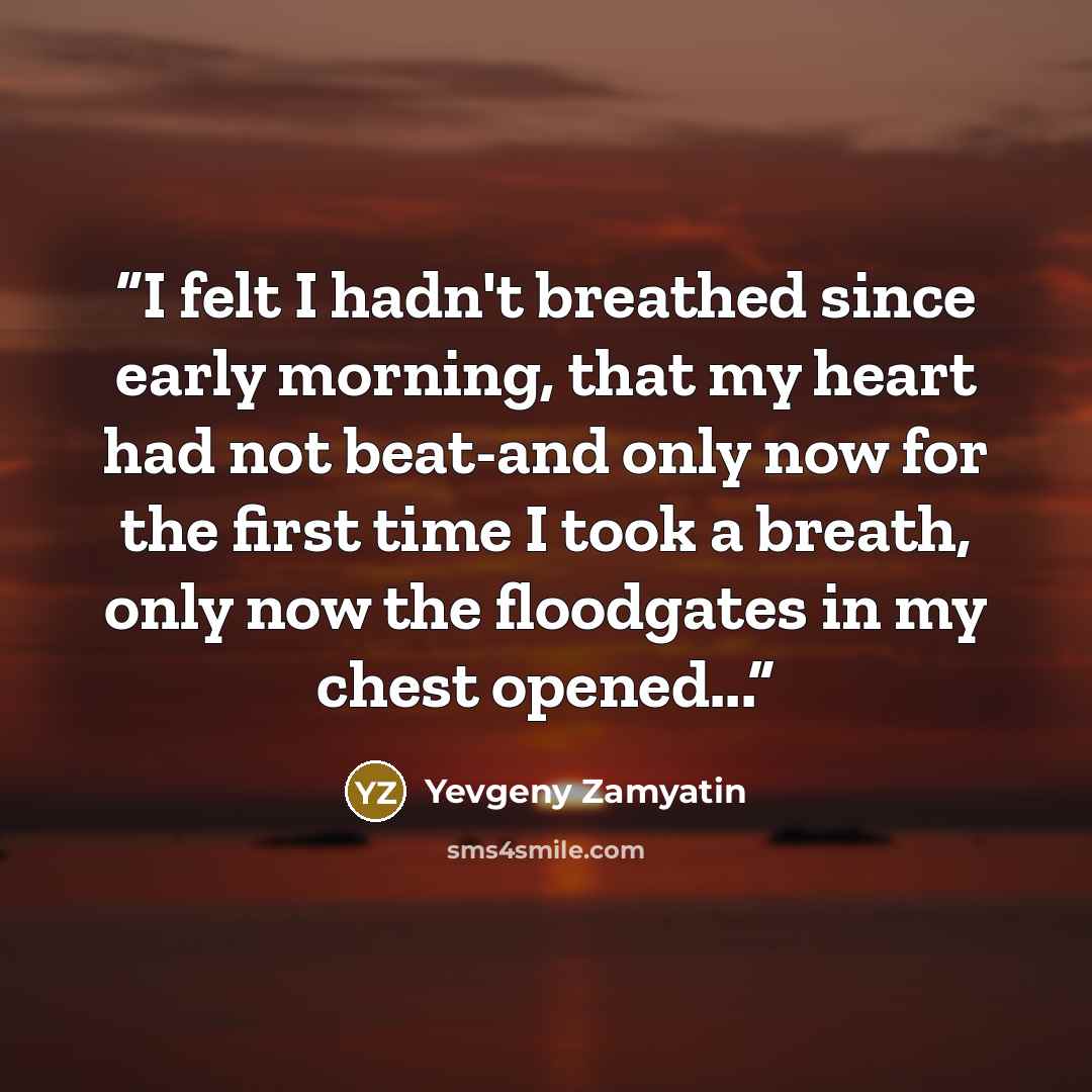 “I felt I hadn't breathed since early morning, that my heart had not beat-and only now for the first time I took a breath, only now the floodgates in my chest opened...” quote by Yevgeny Zamyatin
