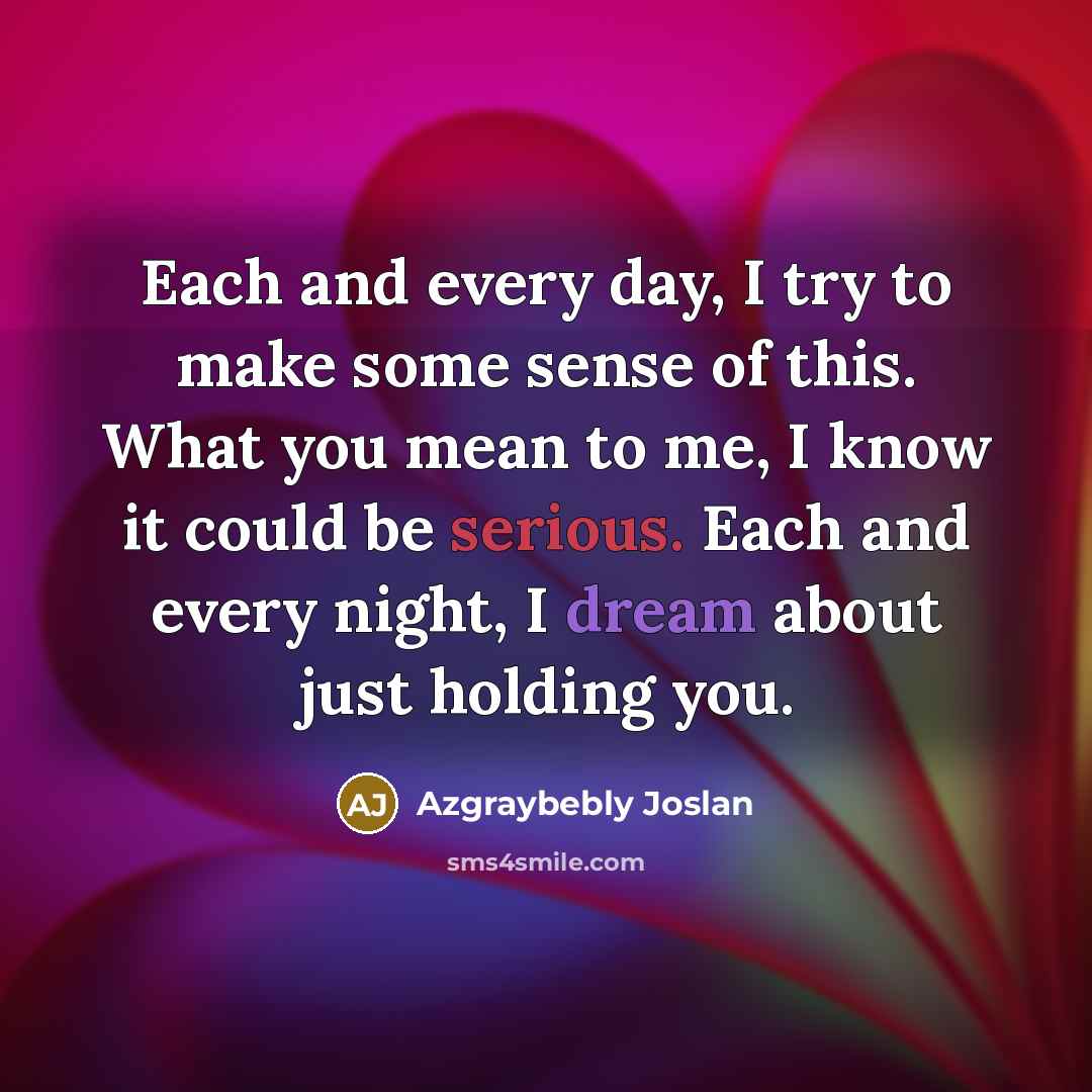 “Each and every day, I try to make some sense of this. What you mean to me, I know it could be serious. Each and every night, I dream about just holding you.” quote by Azgraybebly Joslan