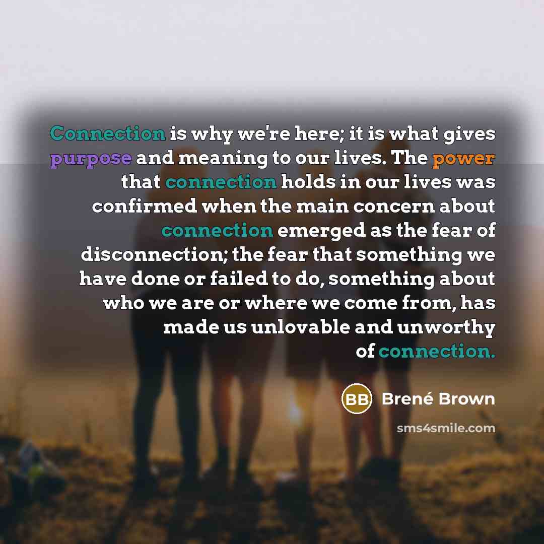 “Connection is why we're here; it is what gives purpose and meaning to our lives. The power that connection holds in our lives was confirmed when the main concern about connection emerged as the fear of disconnection; the fear that something we have done or failed to do, something about who we are…” quote by Brené Brown