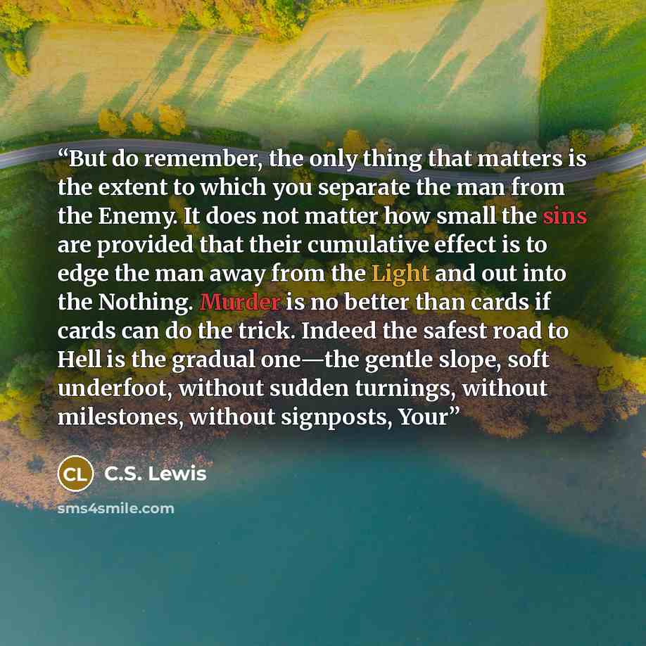 “But do remember, the only thing that matters is the extent to which you separate the man from the Enemy. It does not matter how small the sins are provided that their cumulative effect is to edge the man away from the Light and out into the Nothing. Murder is no better than cards if cards can do…” quote by C.S. Lewis