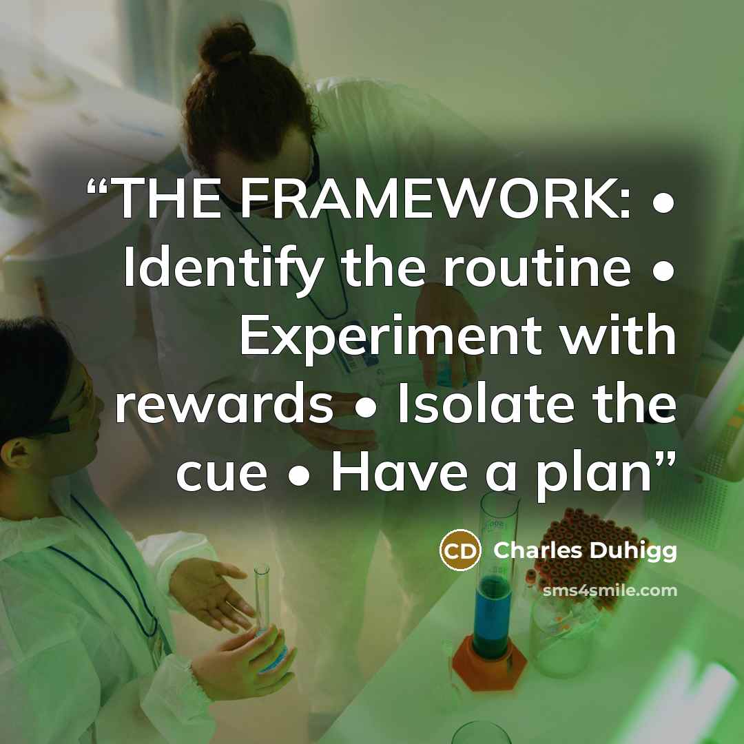 “THE FRAMEWORK: • Identify the routine • Experiment with rewards • Isolate the cue • Have a plan” quote by Charles Duhigg