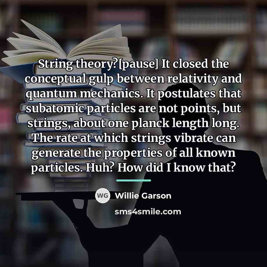 “String theory?[pause] It closed the conceptual gulp between relativity and…” quote by Willie Garson
