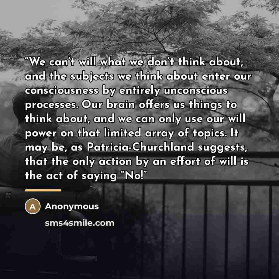 “We can’t will what we don’t think about, and the subjects we think about enter our consciousness by entirely unconscious processes. Our brain offers us things to think about, and we can only use our will power on that limited array of topics. It may be, as Patricia-Churchland suggests, that the…” quote by Anonymous