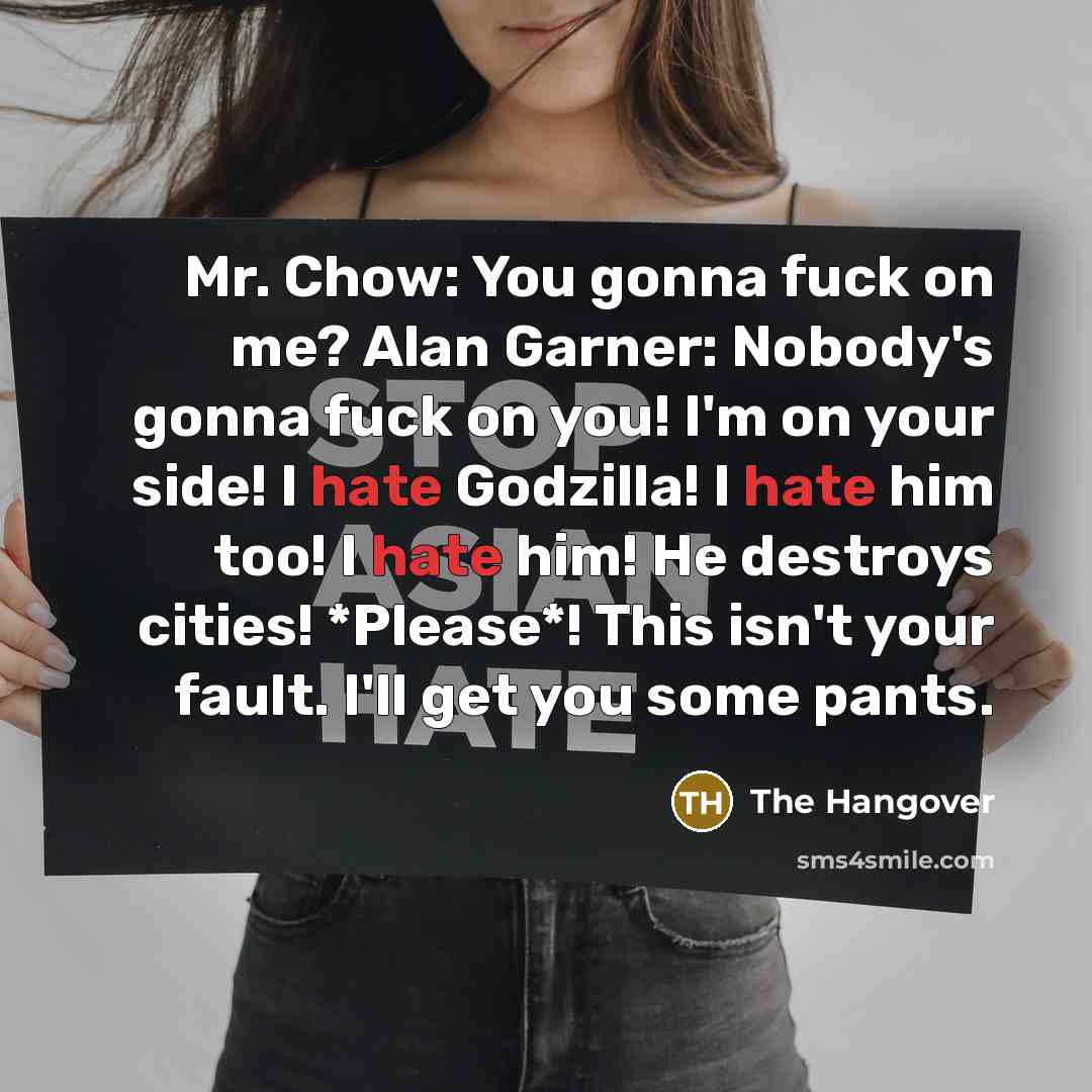 “Mr. Chow: You gonna fuck on me? Alan Garner: Nobody's gonna fuck on you! I'm on your side! I hate Godzilla! I hate him too! I hate him! He destroys cities! *Please*! This isn't your fault. I'll get you some pants.” quote by The Hangover