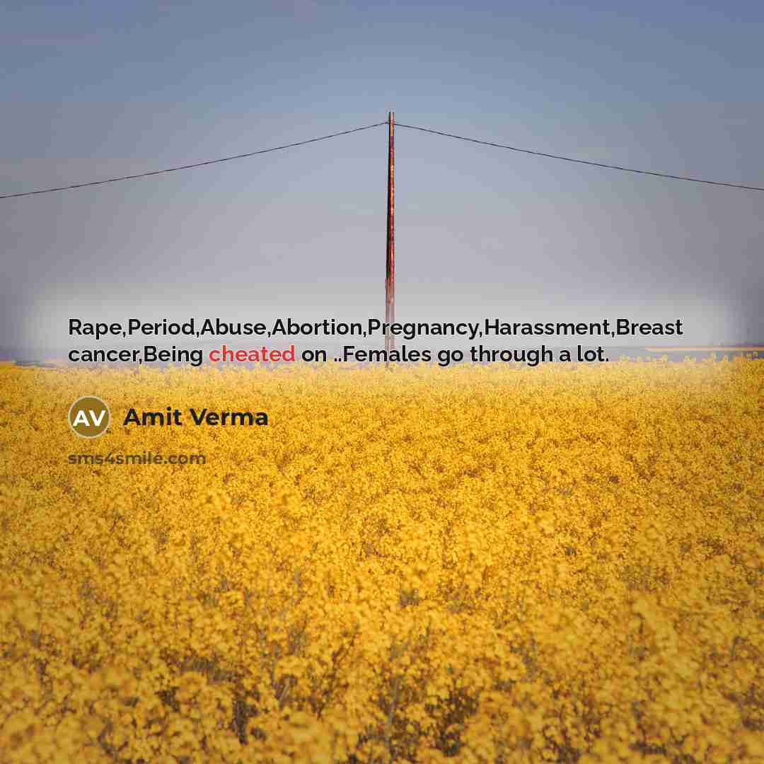 “Rape,Period,Abuse,Abortion,Pregnancy,Harassment,Breast cancer,Being cheated on ..Females go through a lot.” quote by Amit Verma