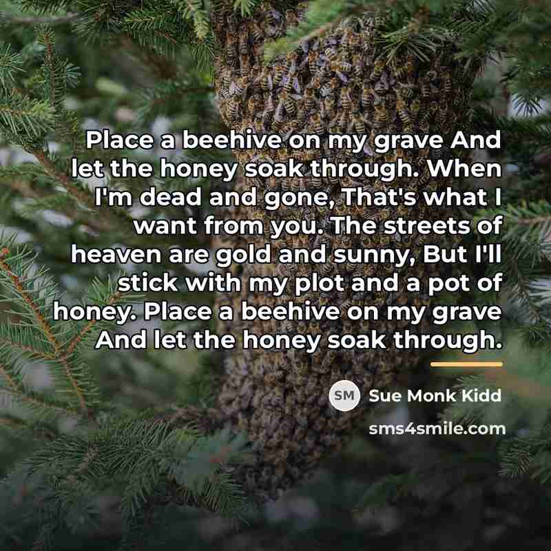 “Place a beehive on my grave And let the honey…” quote by Sue Monk Kidd